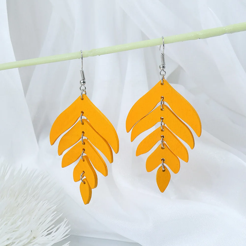 Ethnic Vintage Long Wooden Leaf Dangle Earrings for Women Boho Colorful Splicing Statement Hook Earrings Pendientes Mujer Gift