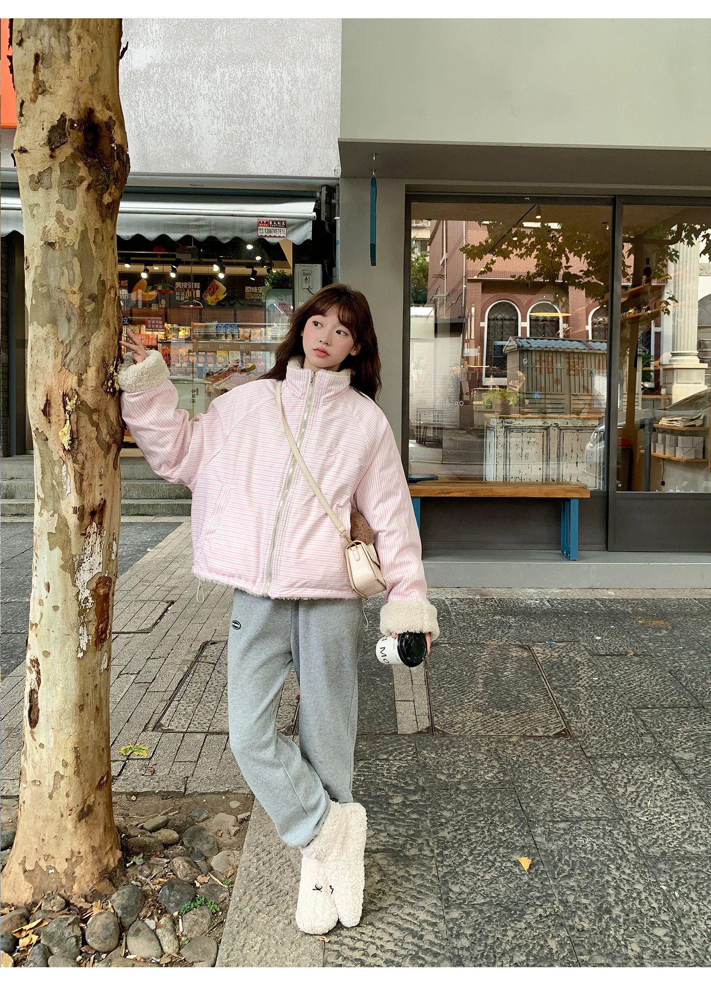 Korean Women's Reversible Striped Jacket Autumn Winter Stand Collar Fleece Lined Padded Coats Woman Loose Casual Plush Jackets