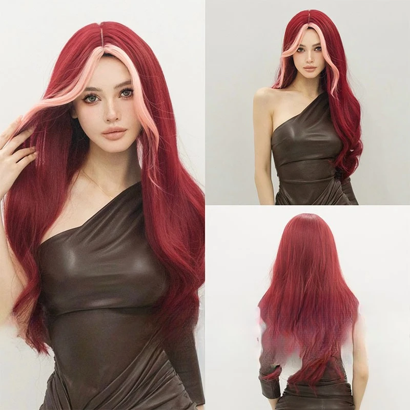 شعر مستعار نسائي متوسط الطول مجعد، غرة بورجوندي يسلط الضوء على درزات الشعر المطورة، ارتداء يوميًا، شعر مستعار مريح لكامل الرأس #1