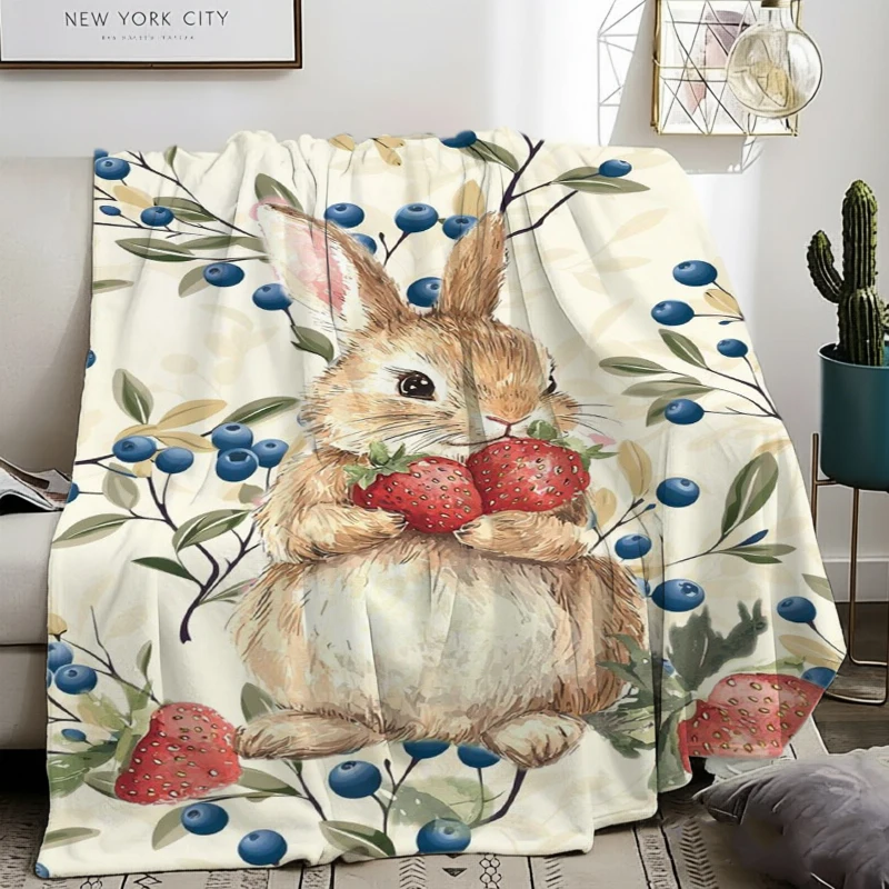 Rabbit Strawberry Blueberry Watercolor Natural Flannel Blanket For Serene Bedroom Decor Soft Warm Throw Blanket Gift