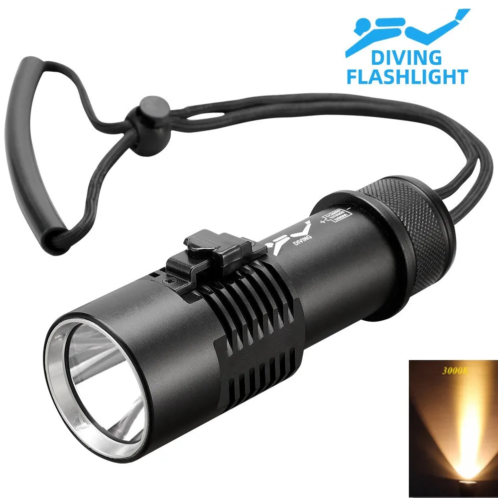 Diving Flashlight P70 LED 3000LM Yellow Light Magnetic Control SwitchProfessional Diving Light 18650/26650 Battery