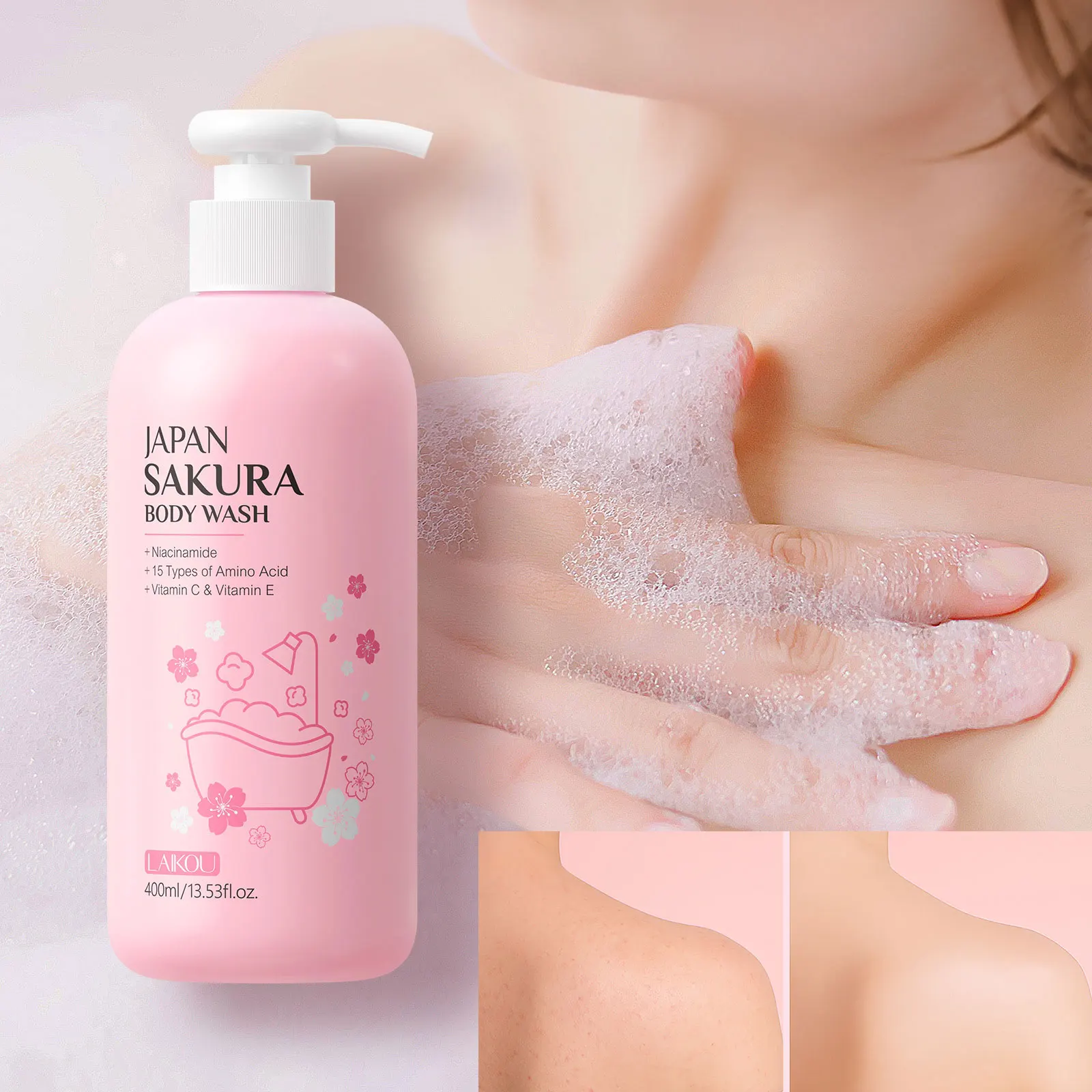 

LAIKOU Sakura Shower Gel Long Moisturizing Smooth Long Lasting Fragrance Gentle Foam Body Cleansing Bath Product 400ml
