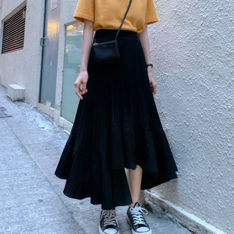 Irregular Skirts Women Midi Elastic Waist Vintage Streetwear Spring Elegant Korean Style Simple All-match Casual Holiday Daily
