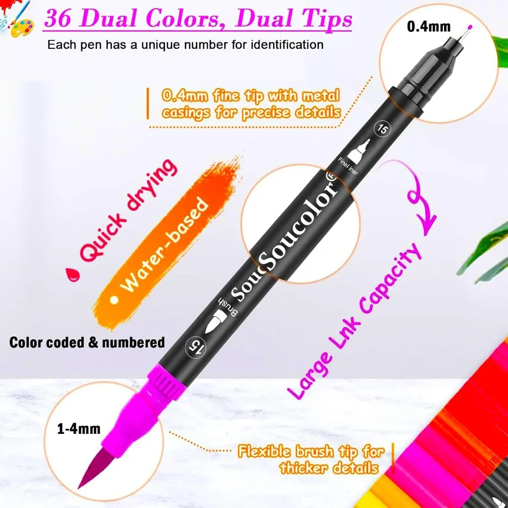 36 Dual Tip Brush Markers, Water-Based Art Pens for Adult Coloring, Hand Lettering & Drawing