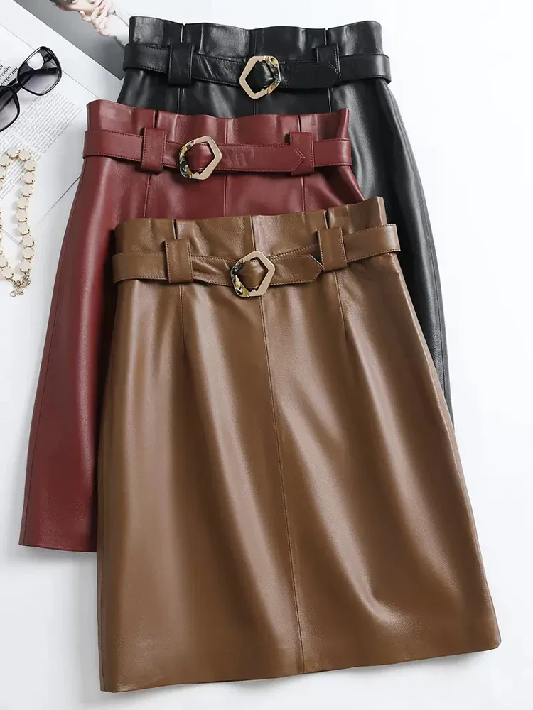 

High Quality Leather Skirt For Women Kawaii Square Buckle Belt Versatile Sheepskin Jupe Femme OL Burgundy White Midi Wrap Saias