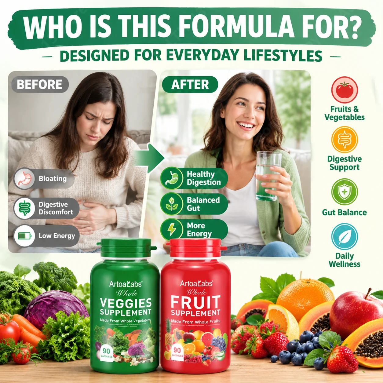 Fruit and Vegetable Capsules Provide Digestive Health Support  Promote Gastrointestinal Balance Tomato Papaya Apple 90 30 Days
