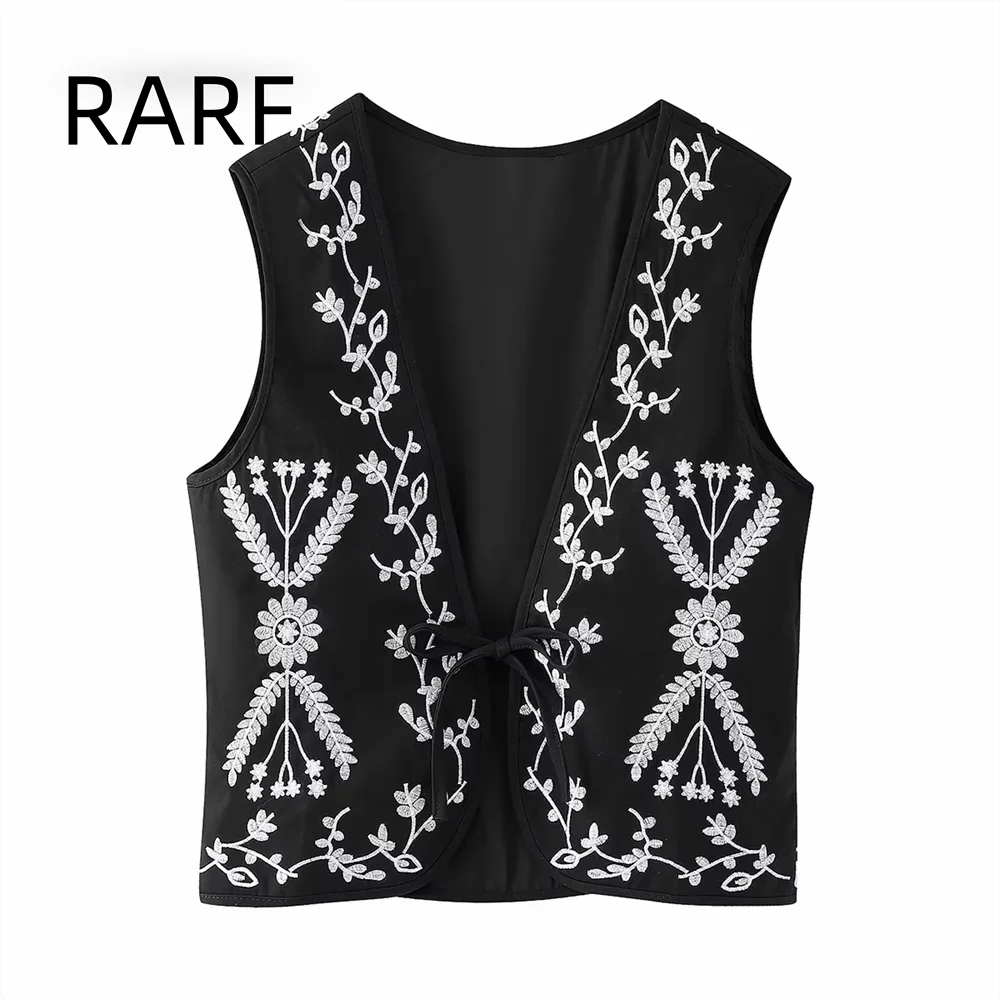 New women's fashion contrasting color positioning embroidery loose clip cotton vest loose lace up short vest
