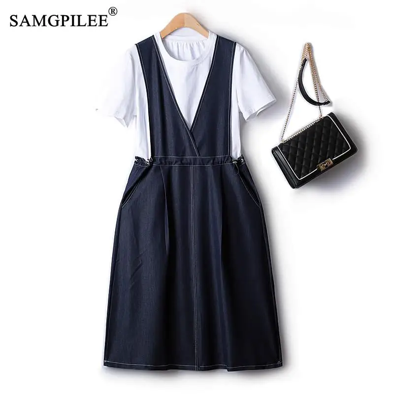 

Set Woman 2 Pieces Summer Simple Elegant Denim Vest Dress T-shirt Drawstring Pocket Set Of Two Fashion Pieces For Women 4XL