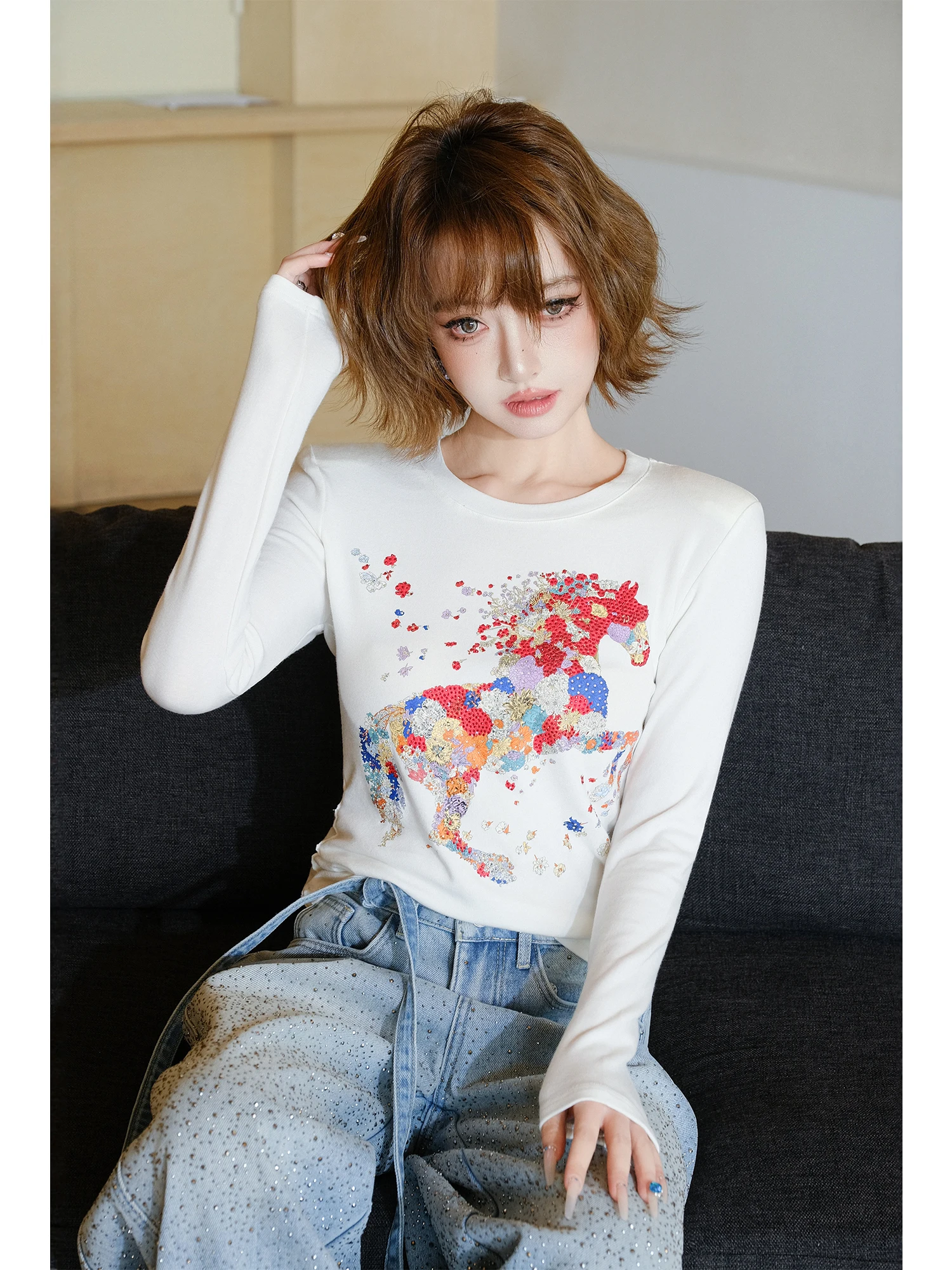 

Женская футболка MIUCO с длинным рукавом, облегающая, с принтом, повседневная, с эластичными вставками на плечах, с принтом, базовый слой, белая, внутренняя футболка