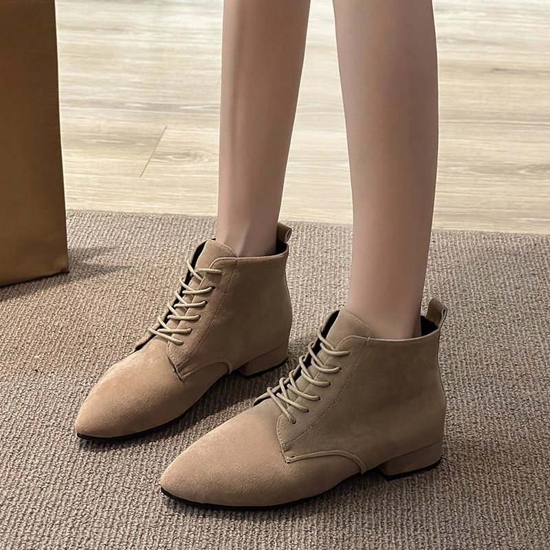 Shoes for Women 2023 Hot Sale Winter Women's Boots Mid-Calf Solid Color Pointed Toe Flock Mid Heel Lace Up Zapatillas De Mujer