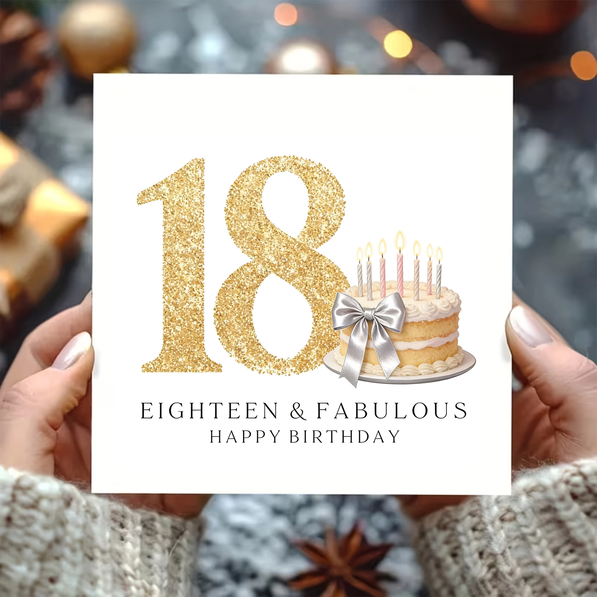 18Th Birthday Card with Envelope - White Square Greeting Card Set, Gold Glitter 