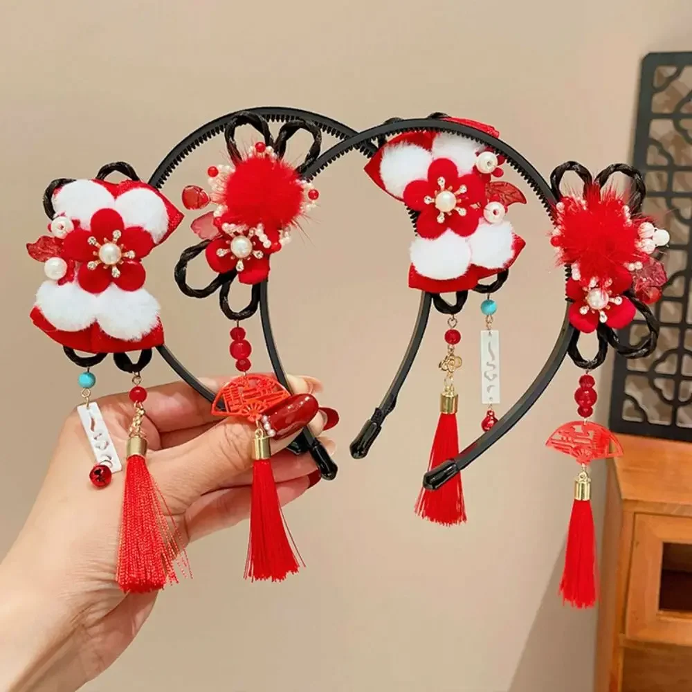 

Flower Children Wig Headband Tassel Tang Suit Hair Hoop Hanfu Hair Sticks Plush Girl Hair Accessories Chinese New Year Headwear