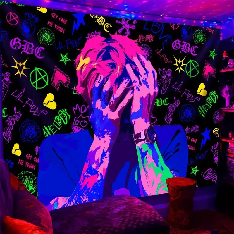 VIKAMA Neon Blacklight Graffiti Figure Wall Tapestry Hanging Decor Bedroom Party Dorm Trippy UV Reactive Art Soft Durable Cozy