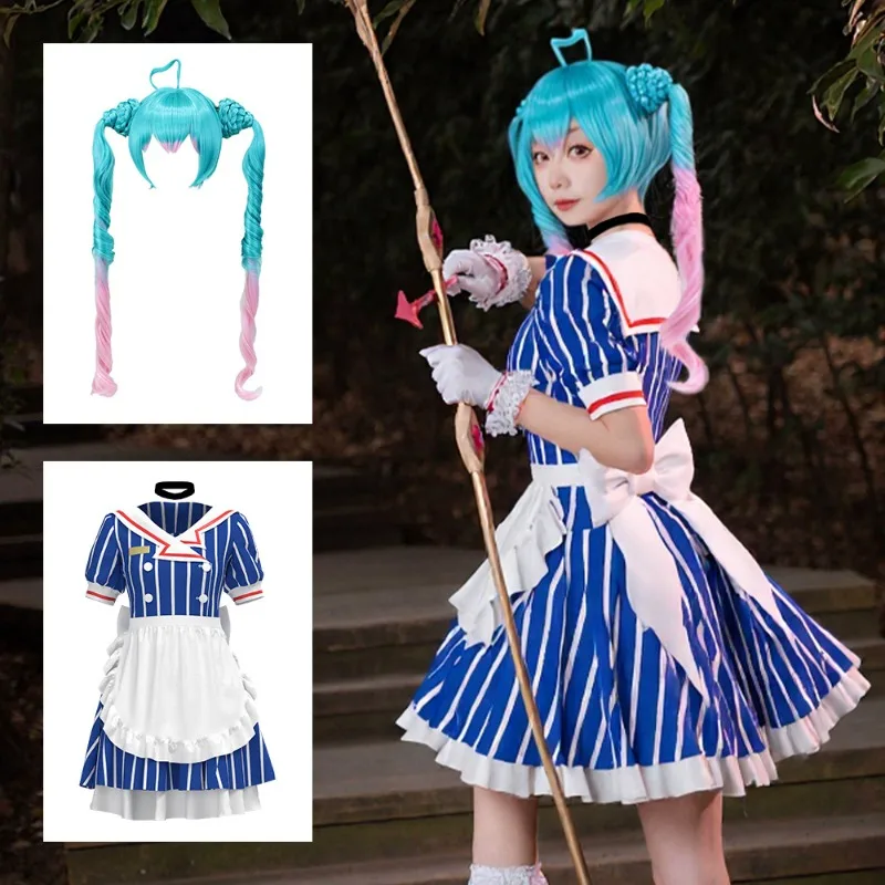 

Anime Mesmerizer Cosplay Costume Striped Maid Uniform Dress Apron Wig Suit for Women Halloween Carnival Party Role Play Outfits