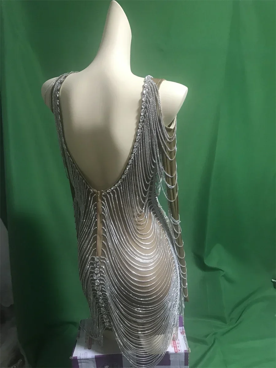 Sparkly Strass Diepe V-hals Vrouwen Verjaardag Lange Mouw Jurk Danskostuum Nachtclub Prestaties Slijtage Valentijnsdag Outfit