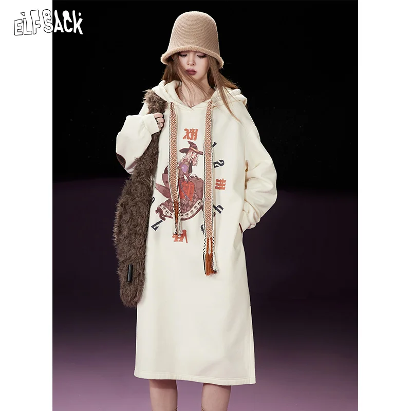 

ELFSACK Fleece Casual Women Hoodies Dress 2023 Winter Printing Warm Full Sleeve Tops