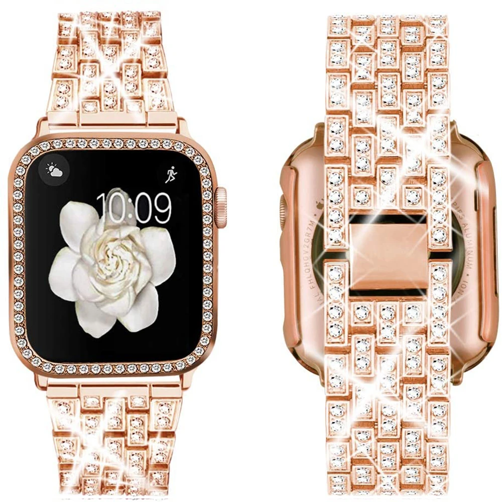 Bracelet en métal pour Apple Watch, Bracelet à maillons en acier inoxydable, Bracelet en diamant pour femme, Accessoires iWatch 9, 8, 7, 6, SE 5,