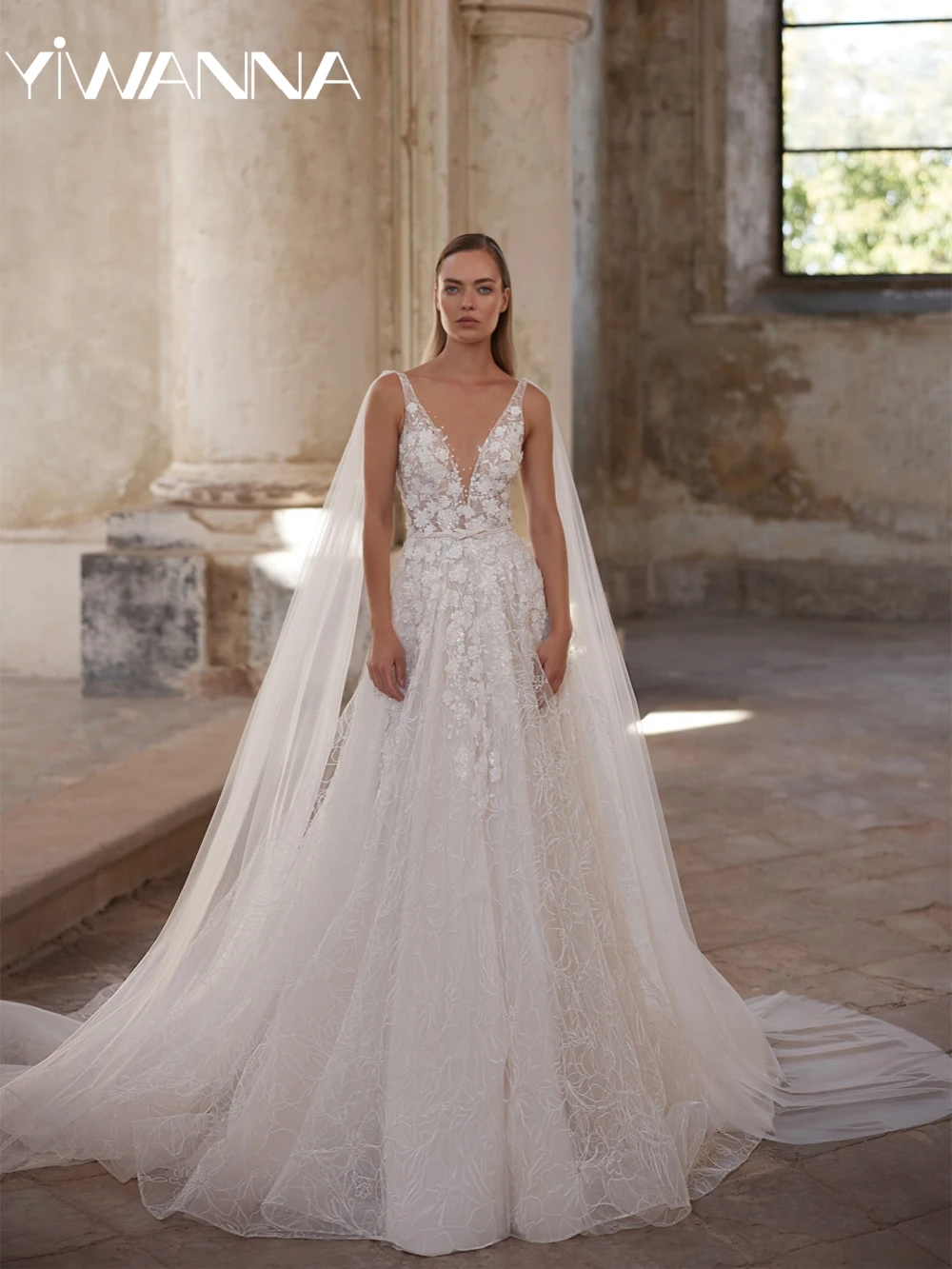 

Dazzling Sequined Lace Appliques Wedding Dress Sexy Deep V-neck Backless Bridal Gown Customized A-line Long Dresses For Bride