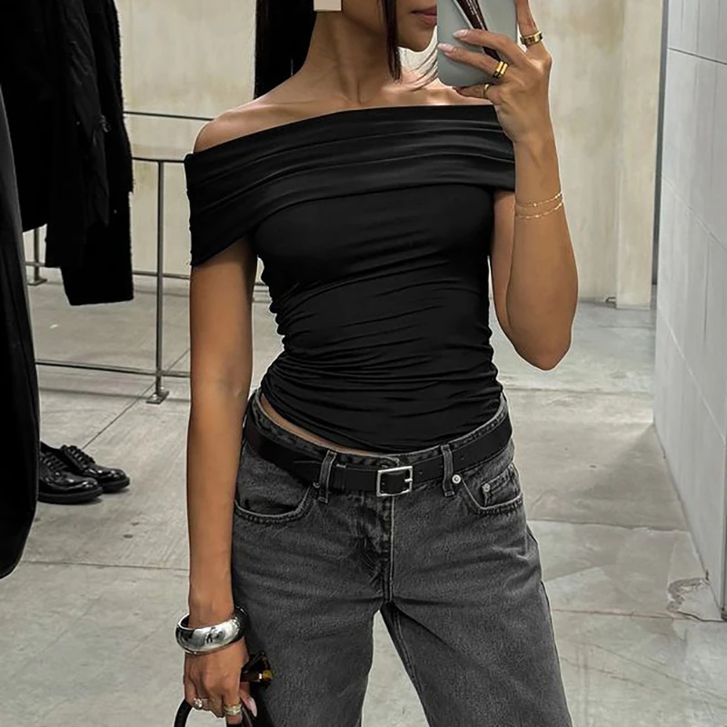 

Sexy Off Shoulder Slash Neck Bare Midriff Short T Shirt Women Short Sleeves Bottoming Shirt Ladies Tee Shirt Tops Mujer