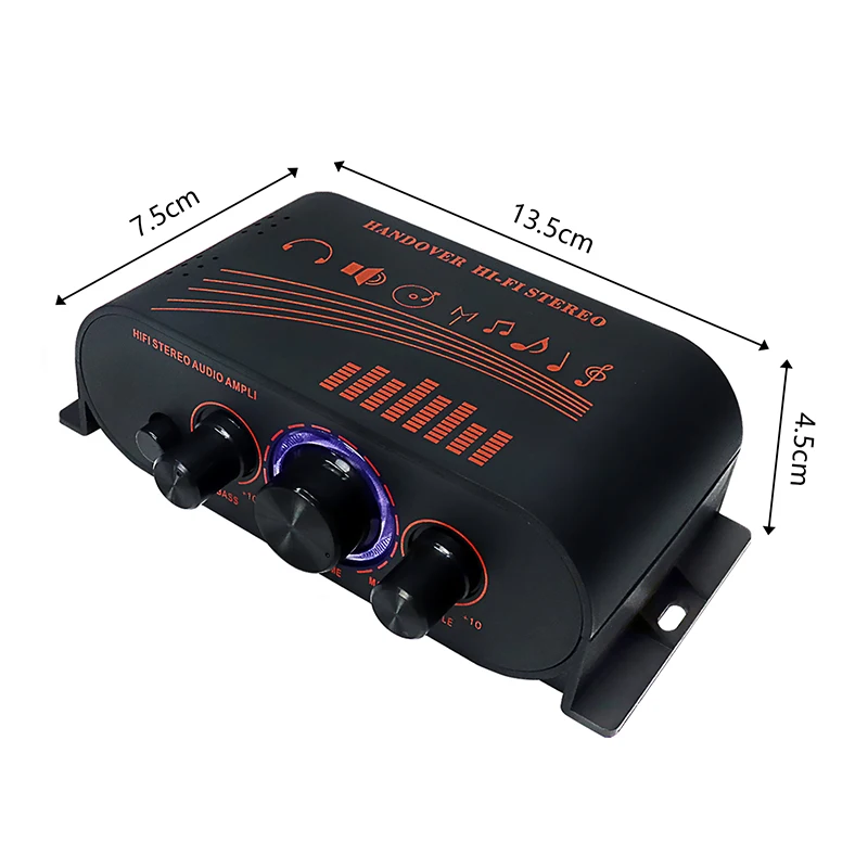 Amplificatore audio stereo HiFi Ingresso RCA Mini amplificatore DC12V a 2 canali 20W × 2 con controllo degli alti bassi per sistema di altoparlanti domestici per auto