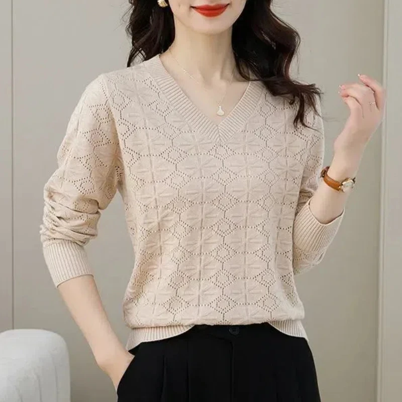 Spring Autumn New Fashion V-neck Long Sleeve Solid Color Women\'s Clothing Pullovers Loose Casual Simplicity Knitting Sweaters