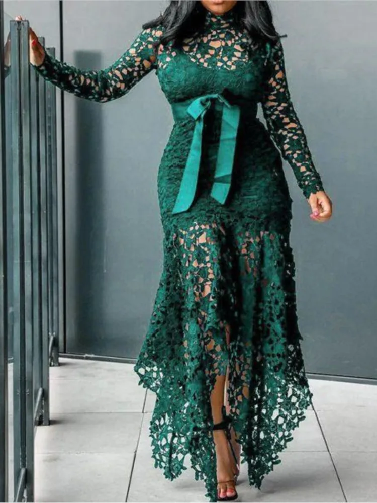 New Spring Autumn Dress Elegant French Lace Stand-up Collar Puff Sleeve Pullover Dress Waist Slimming Long Dress