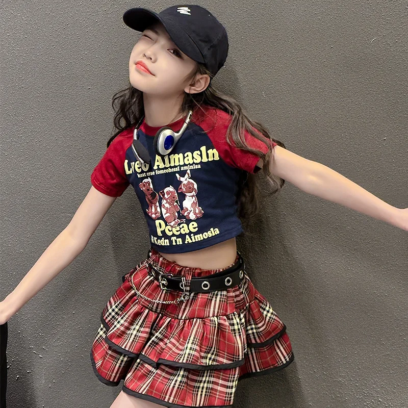 summer teen girls clothes skirt sets Cartoon t-shirt+plaid skirt+belt 3pcs 4-14 kids suit child outfits conjunto infantil menina