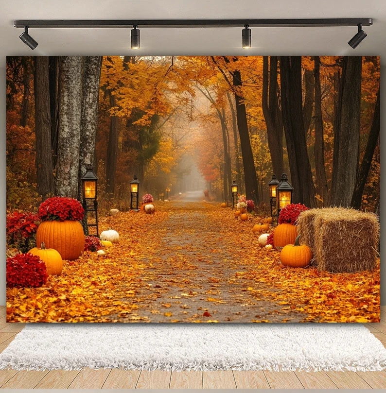 Autumn Forest Path Backdrop Maple Leaf Haystack Lantern Pumpkin Harvest Thanksgiving Portrait Photography Background Photozone