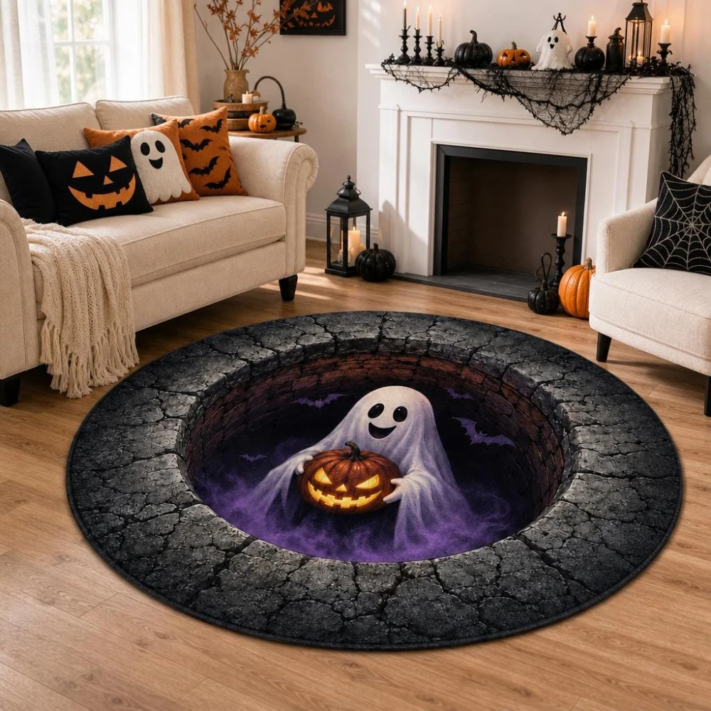 Lava Pit Halloween Pumpkin 3D Illusion Floor Mat Front Door Kitchen Coffee Table Decor Sofa Side Back Door Bedroom Circle Rug