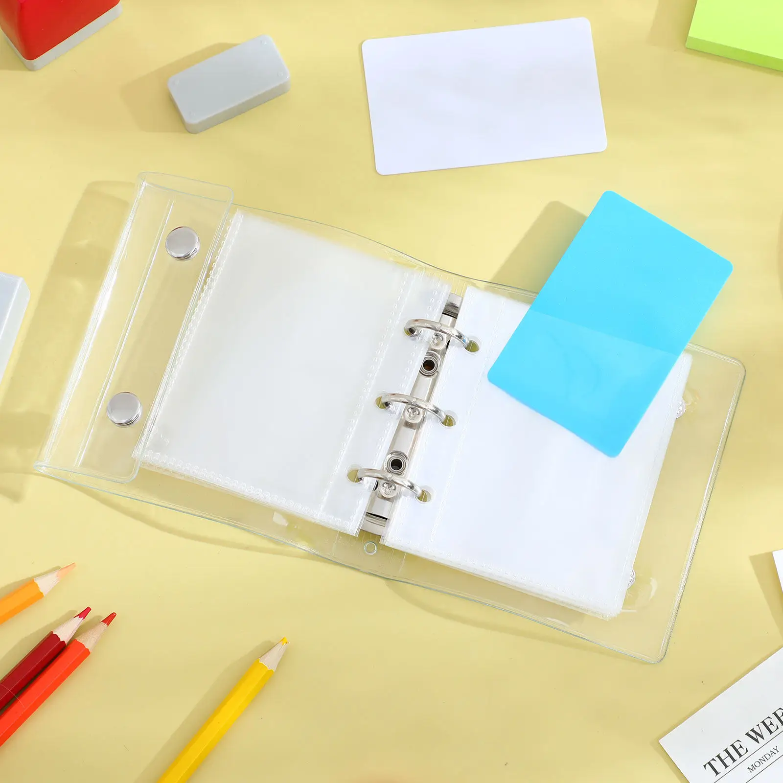 

1Set Mini A8 3 Ring Binder Cover Transparent Soft PVC Notebook Folder Clear Snap Button Closure Portable Organizer Pockets
