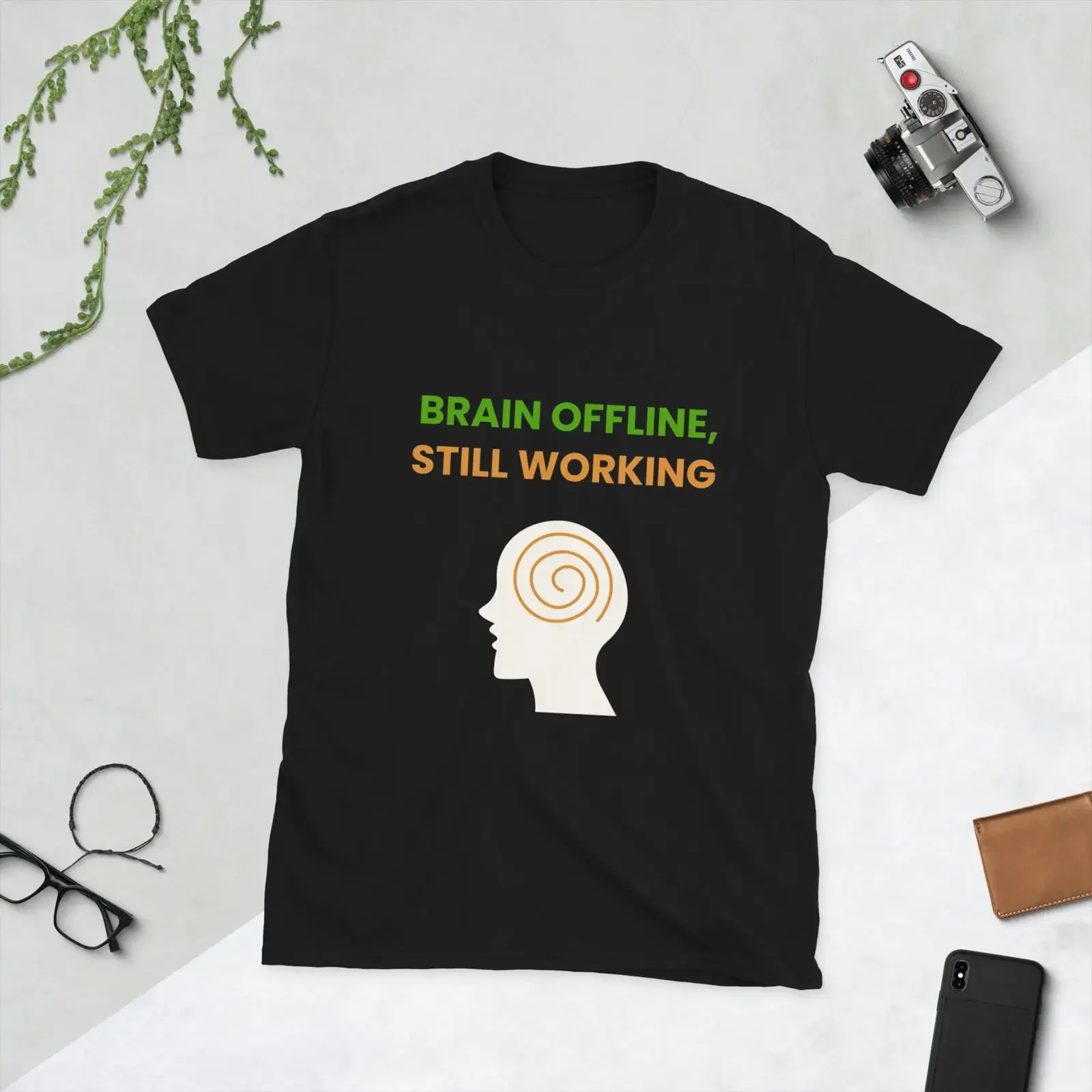 Brain Offline Still Working Funny Sarcastic Office T Shirt Burnout Humor Anti Work for Colleague vintage Washed Unisex