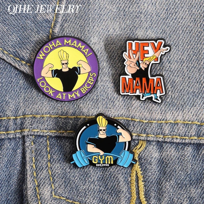Pins de Esmalte de Hombre Musculoso de Dibujos Animados, Broches Retro de Personajes Animados con la frase 'Hey Mama Look at My Biceps', Joyería para Solapa, Regalo para Fans