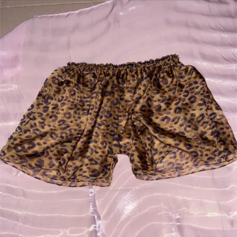 

Plus Size Men's Erotic Transparent Tulle Glossy Floral Print Shorts COS Women Silky Touch Home Ultra ThinLoose Sleeping Bottoms