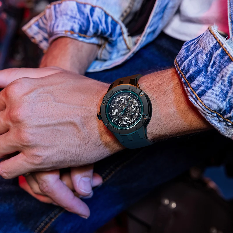 BONEST GATTI メンズ自動巻き時計 45 ミリメートル機械式腕時計サファイアガラス発光スケルトンダイヤルフッ素ゴムストラップ