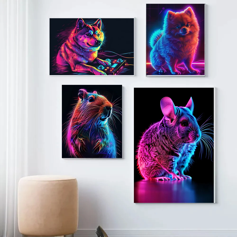 1pc frameless Canvas Painting Interesting Animal Game Player Posters Brilliant Neon Effect Panda Dog Gamer Prints Canvas Wall Pi