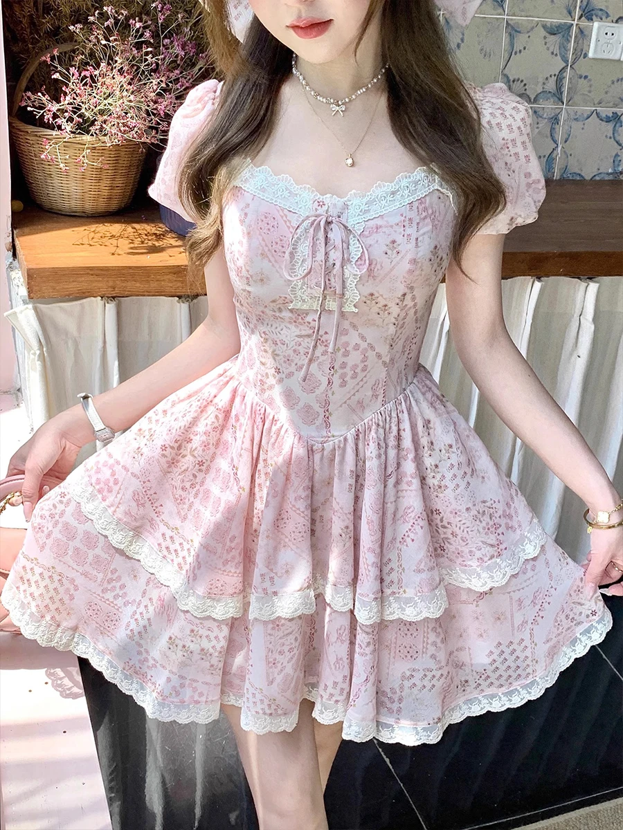 달콤한 꽃무늬 레이스 트림 네트 스커트, 허리 조임 슬림 핑크 케이크 스커트, 여성 여름 A라인 프린세스 스커트