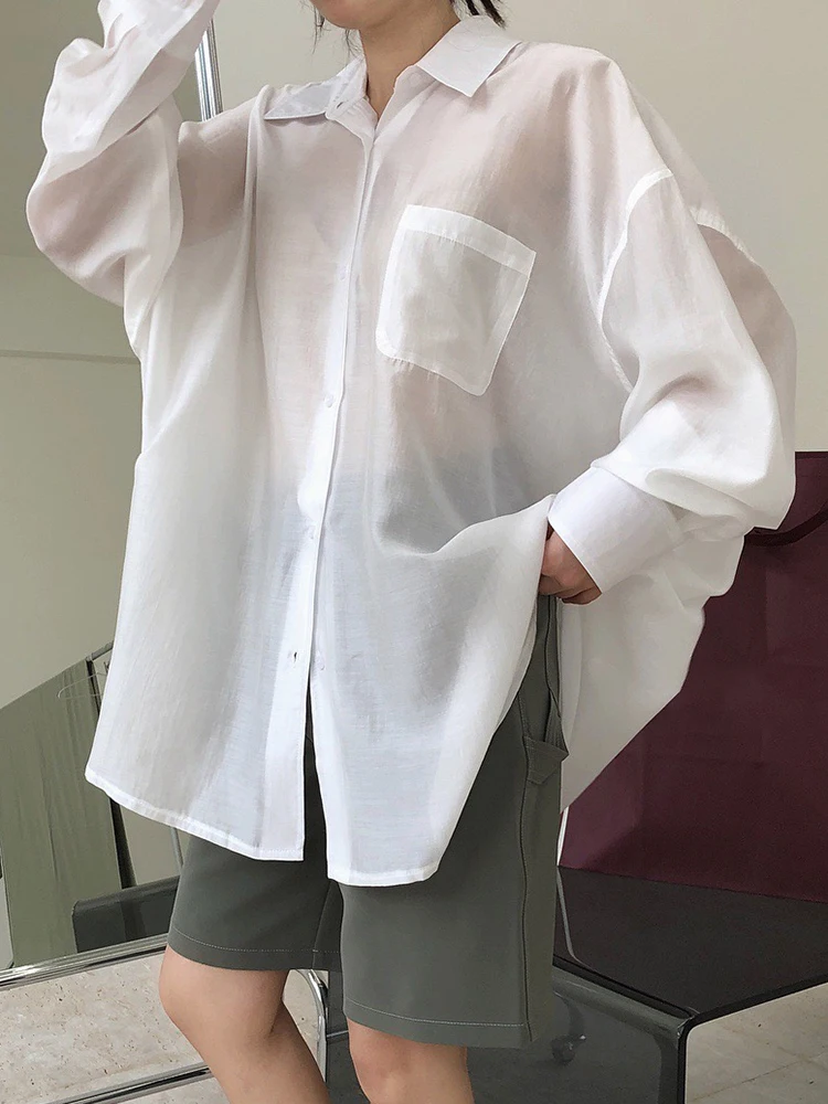 CHICEVER Solid Shirts For Women Lapel Long Sleeve Patchwork Pockets Single Breasted Minimalist Blouses Female Clothing Fashion