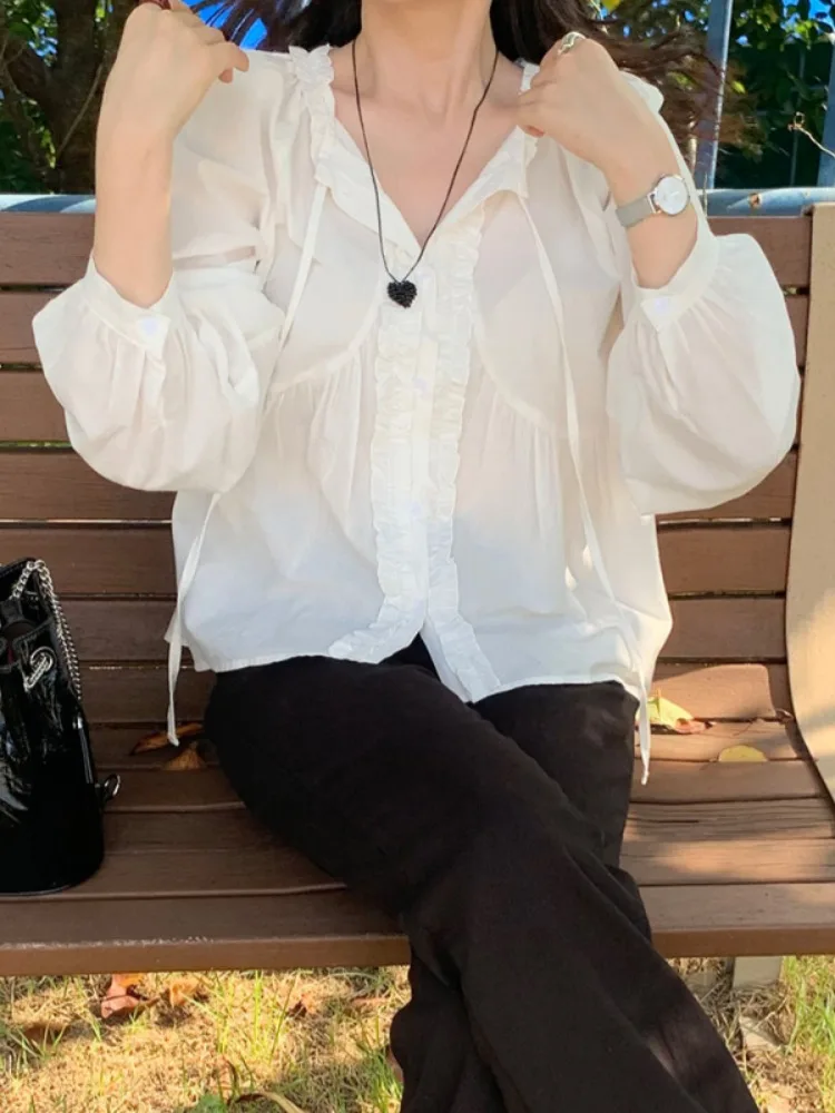 حزام أبيض طويل Sve V-Ne للسيدات irt كوري Sle فضفاض مناسب Fairy T مزين بحزام ربيع الخريف متعدد الاستخدامات شبه منتفخ...