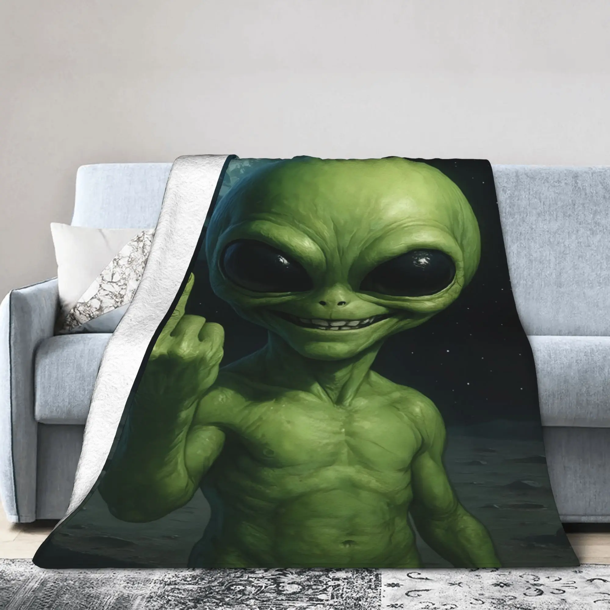 Green Alien Smiling Showing Middle Finger Planet Earth Space Cozy Blanket Throw Blanket Bedroom Flannel Bedspread Sofa Bed Cover