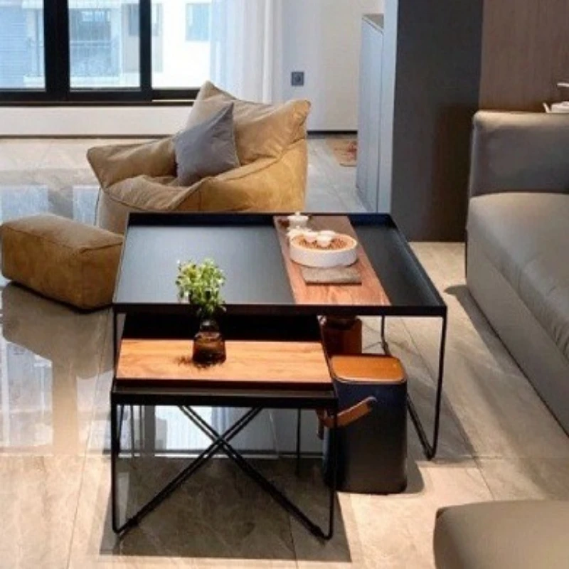 Walnut coffee table square solid wood wrought iron table dining table simple and minimalist