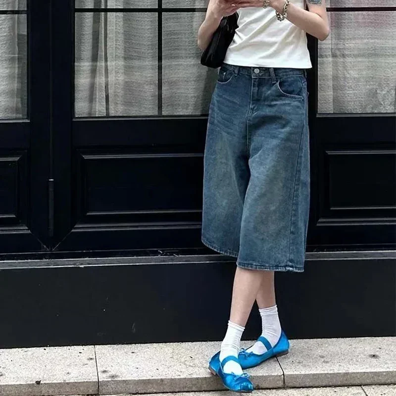 2026 Summer High Street Women Baggy Thin Jeans Female High Waist Capri Pants Girls Solid Color Leisure Denim Shorts