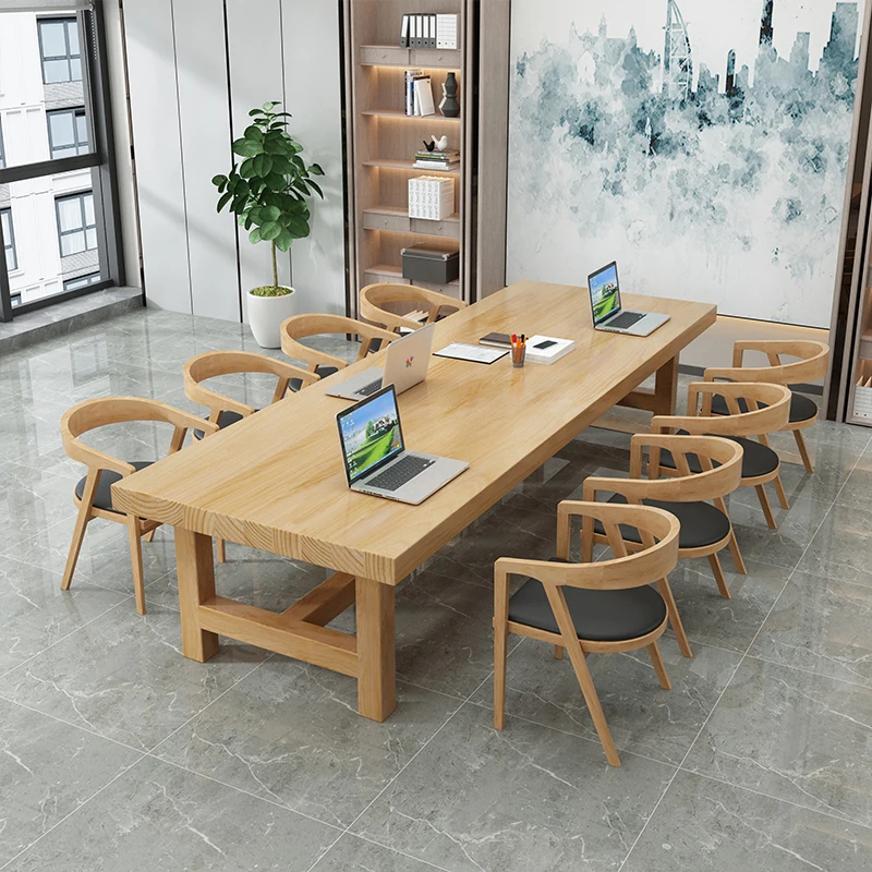 Solid wood conference table and chair combination log desk business negotiation table Modern minimalist library desk and chair