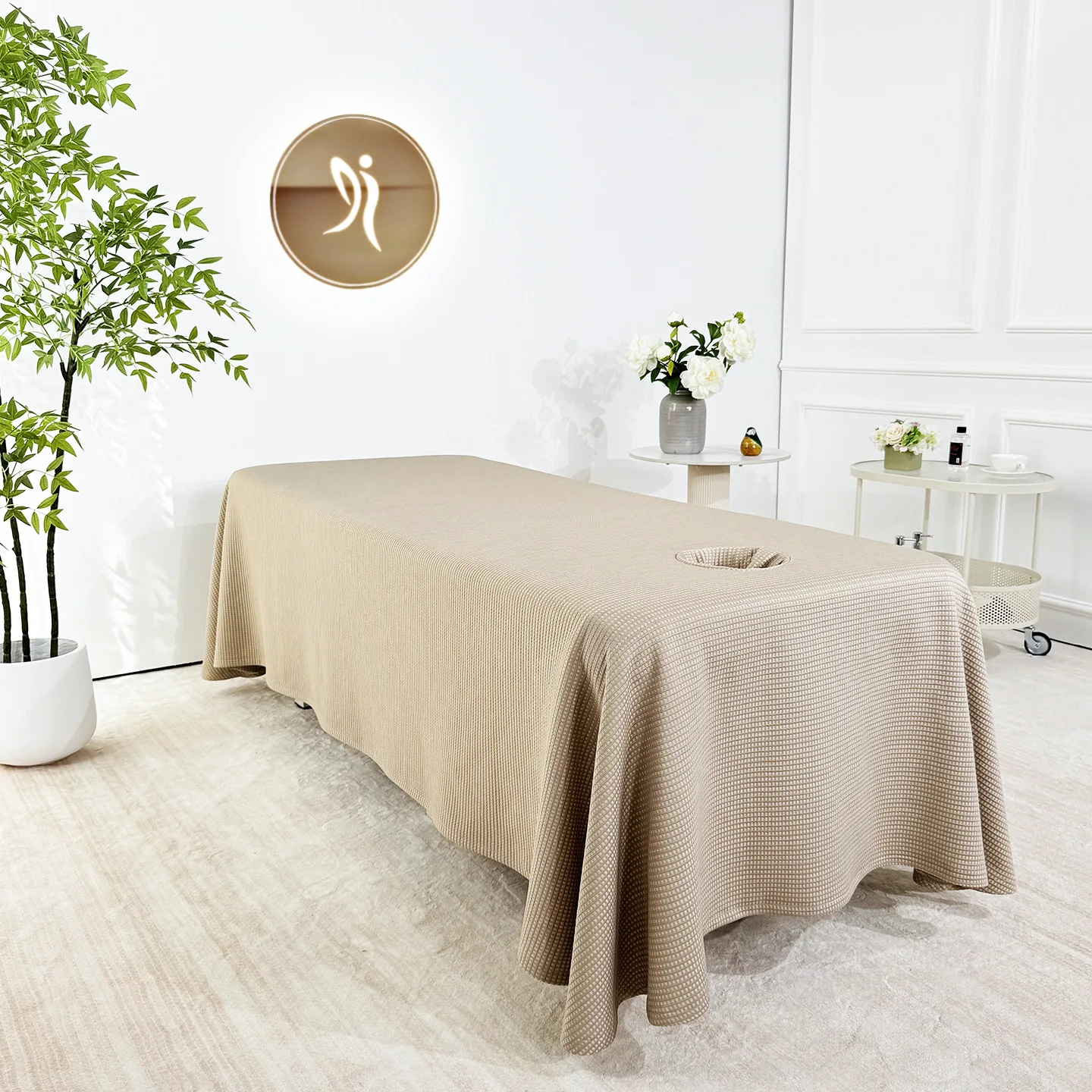 Waffle Grid Knitted Thickened Beauty Salon Bed Cover, Full Cover Bedspread Bedskirt with Hole, One Piece Bed Sheet