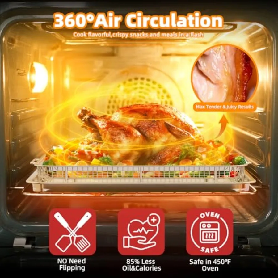 Air Fryer Basket for Oven: Stainless Steel, Silver, 3-Set with 90 Parchment Papers Non-Stick, Dishwasher-Safe, Ideal for Baking