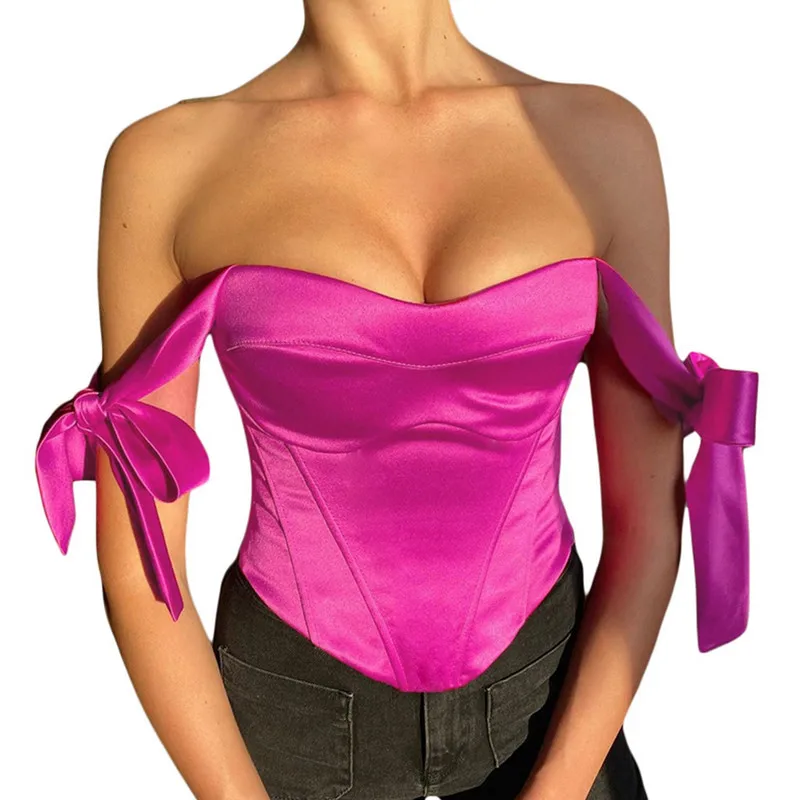 Women Stain Bustier Tops Summer Clothes Solid Color Bow Tie Strap Sleeveless Boned Corset Tops Sexy Club