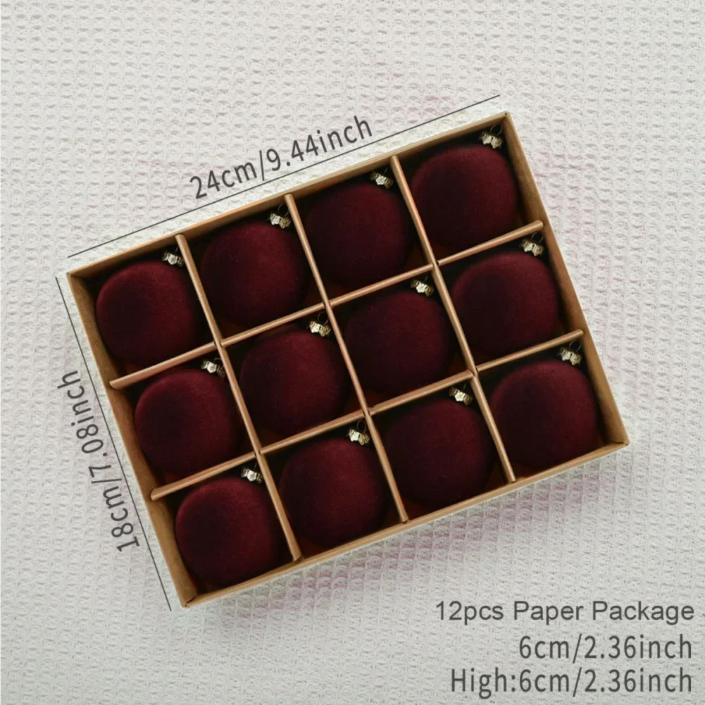 12 pièces d'ornements de boule de noël floqués en velours, décor suspendu en plastique pour arbre de vacances, décorations de noël et de saint-valentin 2,4 pouces