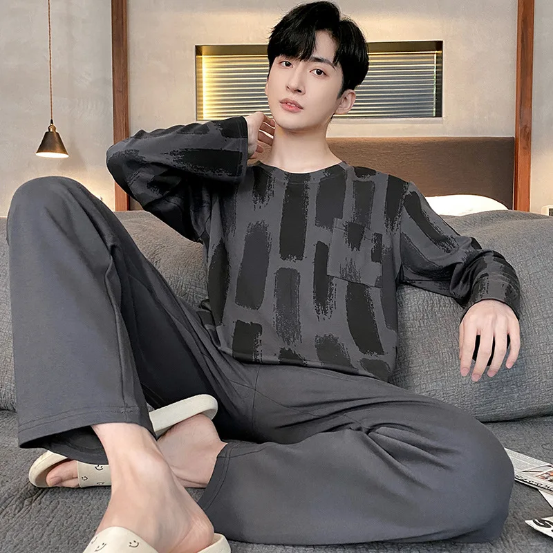 Big Size Men Sleepwear Autumn Winter Cotton Casual Long-Sleeved Youth Pajamas Outside the Home Clothing Two-Piece Set Striped