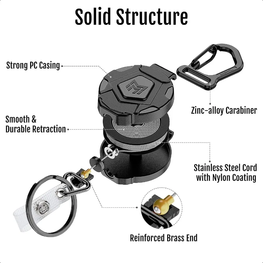 2 pacote retrátil titular do crachá mosquetão resistente chaveiro tático titular do cartão de identificação com 31.5 retrátil crachá carretel preto