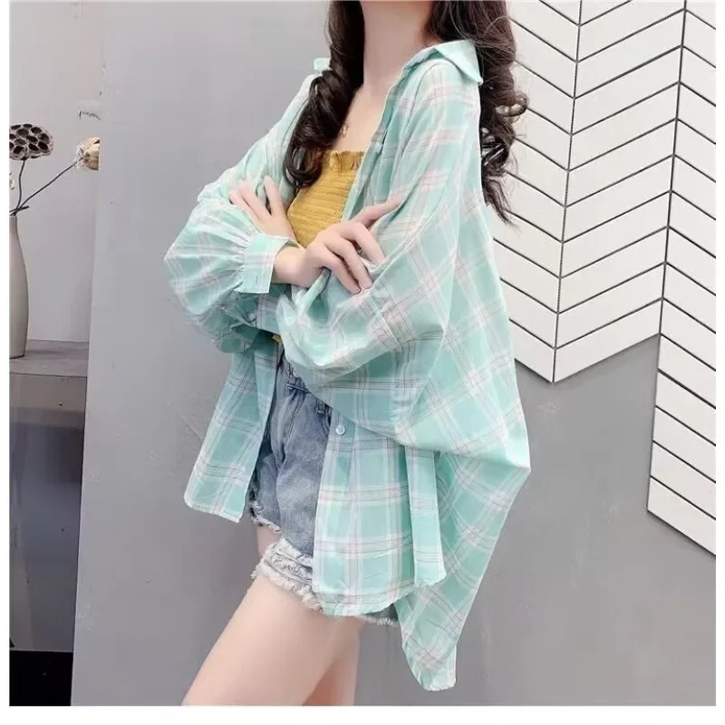 Summer 2025 Women's Loose Long Sleeve Plaid Chiffon Sunscreen Shirt Mid-Length Thin Outerwear Top Korean Style New Arrival