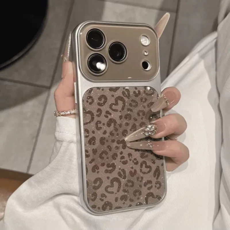 Luxury Glitter Heart Leopard Print Crystal Lens Protect Case For iPhone18 17 16 15 14 13 12 Pro Max Instantly Change Matte Cover